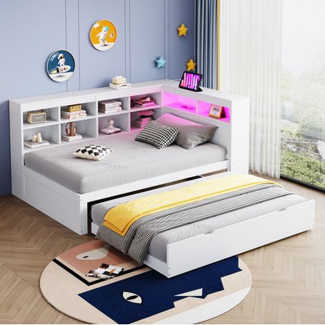 Schlafsofa Holz Weiß 90x200 cm mit Ausziehbett, USB-Steckdose, LED-Licht und Stauraum (1/5)