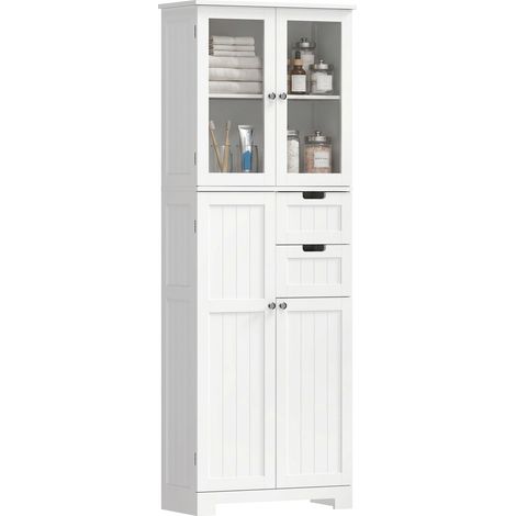 Beyamis Armoire de salle de bain 4 portes 2 tiroirs 60x30x170cm blanc (1/5)