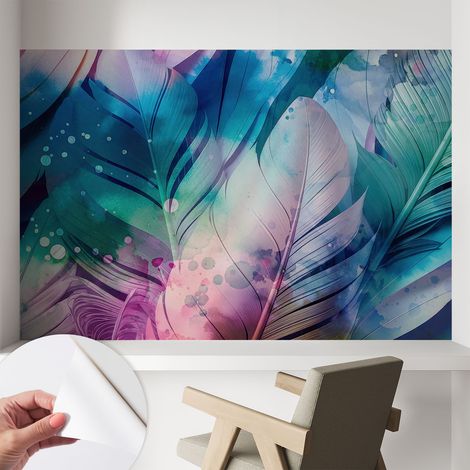 Papier peint adhésif avec colle pour décoration moderne de salon chambre à coucher cuisine et bureau Facile Plumes colorées 104x70 cm (1/5)