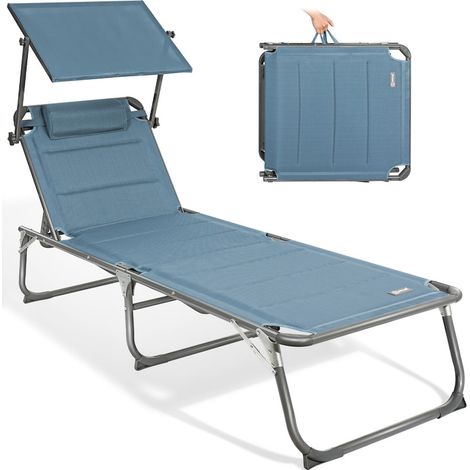 HOMECALL Gartenliege Sonnenliege AluLiege Liegestuhl Liege Klappbar, Textilene Mit Dickem Schwamm, Mit Verstellbare Rückenlehne, Sonnenblende, Kopfpolster, bis 180KG-Blau