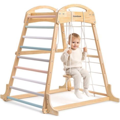 Area Giochi Bambini +3 in Legno – Spalliera, Altalena, Anelli e Ginnastica, Rete di Scalata, Struttura Motricità 3 Anni+, Carico 50kg
