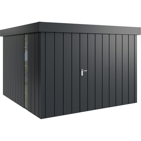 Hörmann Metall-Gerätehaus "Juno" mit Flachdach, JFD14 - Modern, 310 x 310 cm (B x T), anthrazit, mit bodentiefem Fenster, 1-flüglige Tür, Anschlag rechts