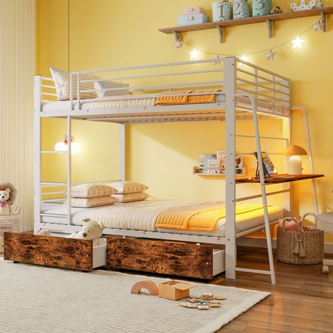 Eisenbett  140x200 cm Metallrahmen, Hochbett mit Schreibtisch & 2 Schubladen, Musik-Sync LED-Leiste, Steckdose (1/5)