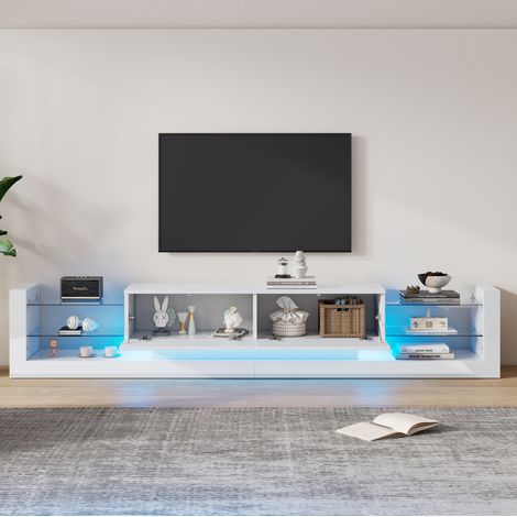 Mobile TV in truciolato bianco lucido 181x38x38 cm con LED, frontale in vetro, 2 cassetti a ribalta (1/5)