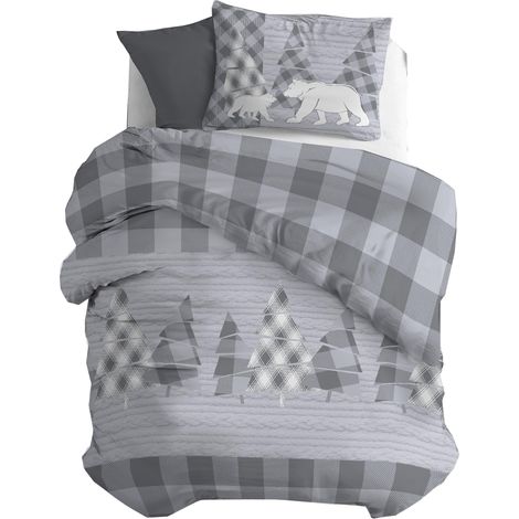 Parure de lit Simple en Flanelle 100% Coton avec Housse de Couette 155 x 200 cm et taie d'oreiller 52 x 82 cm, Lavable en Machine à 40 degrés, Motif Gris Canada (1/5)