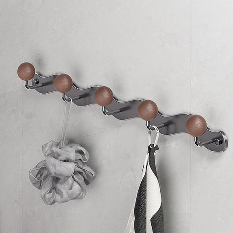 Longziming - Crochets adhésifs - Porte-manteau mural - Crochet de suspension - Avec boutons en bois - Fer robuste - Charge maximale : 8 kg - Installation sans perçage - Gris (1/5)