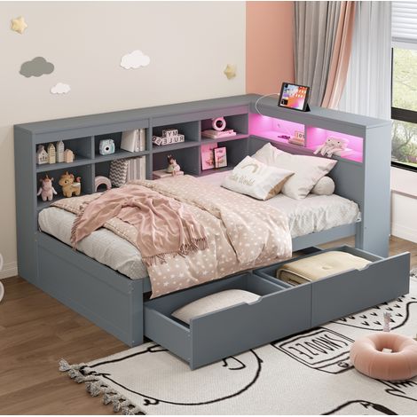 Cama multifuncional moderna de madera gris 90x200 cm con cabecero con estantes, cajones, USB y LED (1/5)