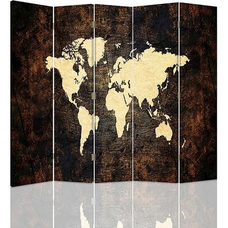 Paravent Décoratif Carte du Monde Vintage 5 Panneaux - 180 x 180 cm - 1 face déco, 1 face noir