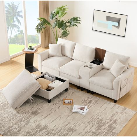 Divano angolare, divano da 4 posti con 2 portabicchieri, porte USB, tasche laterali e 2 cuscini, tessuto velluto a coste (panno), beige (1/5)