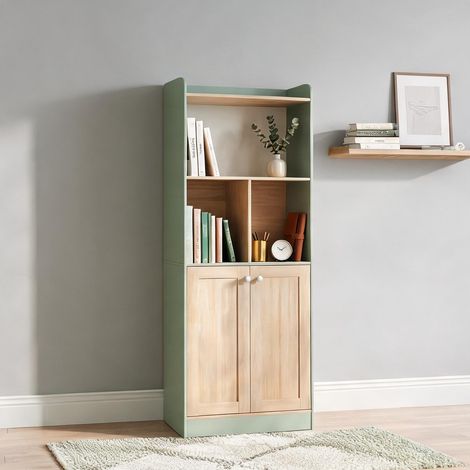 Meuble étagère haut vert et bois avec espace d'affichage 60 x 30 (1/5)