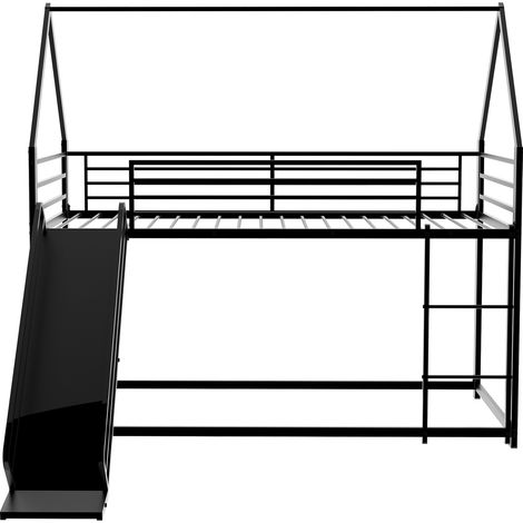 Lit superposé 90x190 cm, enfant, toboggan, cadre maison avec escalier, sans matelas ressorts, montage facile. (1/5)