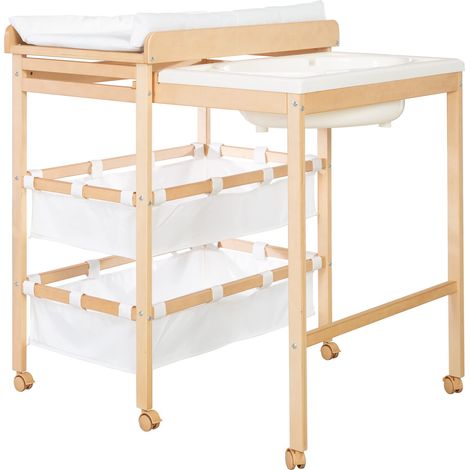 Table a langer extensible avec baignoire - ROBA - BABY POOL - Matelas a langer 'Roba Style' blanc inclus - Bois naturel