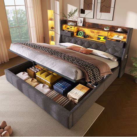 DESVIAE Lit double rembourré 140 x 200 cm avec rangement hydraulique LED tête de lit avec ports USB et Type C sommier à lattes matelas inclus gris (1/5)