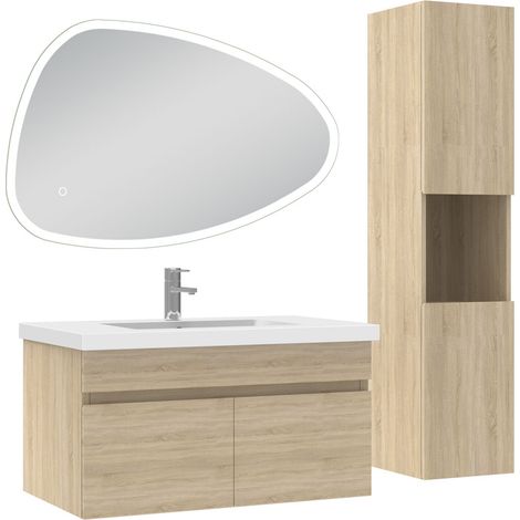 Acezanble meubles simple vasque 80cm vasque et colonne et miroir 3 couleurs lumineux Chêne Wotan (1/5)