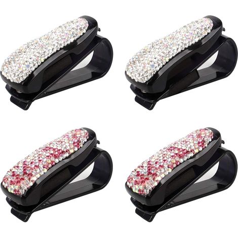 Porte-lunettes de voiture 4 pièces, pare-soleil, support à lunettes orné de strass en cristal avec pince pour ticket/carte. (1/5)