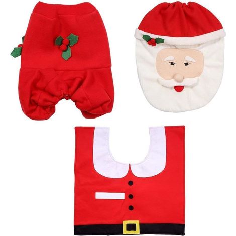 Lot de 3 décorations de toilettes, motif Père Noël, avec couvercle, housse et tapis antidérapant, pour salle de bain (1/5)