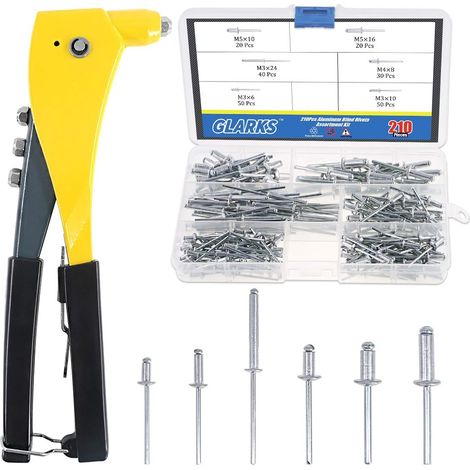 Ensemble de riveteuses robustes, assortiment de 210 rivets aveugles en aluminium et un pistolet à rivets pop professionnel pour travaux de tôle, automobile, ferroviaire et conduit (1/5)