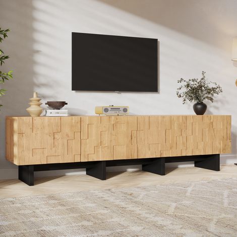 Mobile TV basso da 180 cm per televisori fino a 75 pollici, 4 ante push-to-open, MDF naturale e nero (1/5)