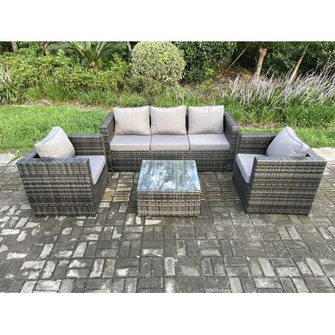 Fimous Outdoor Lounge Sofa Set Wicker PE Rattan Garden Furniture Set with Armchair Square Coffee Table Dark Grey Mixed (1/5)