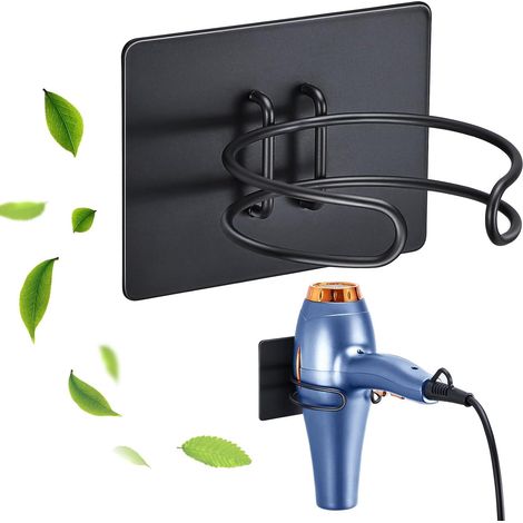Support Seche Cheveux, Porte seche cheveux Mural Noir, Support Sèche cheveux Sans Percage,Support Mural seche Cheveux Convient (1/5)