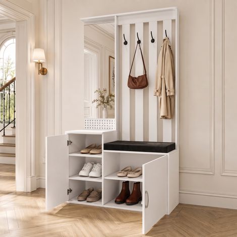 Mueble recibidor 6 en 1 con espejo, 100 x 40 x 180 cm, banco zapatero con almacenaje, armario de entrada con cajón y 4 ganchos, blanco (1/5)