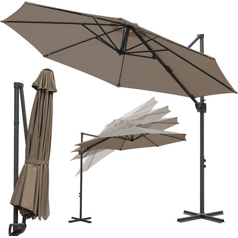 Randaco Parasol déporté 300 cm gris taupe, rotation 360°, inclinable 0–60°, toile polyester 200 g/m² UV50+ (1/5)