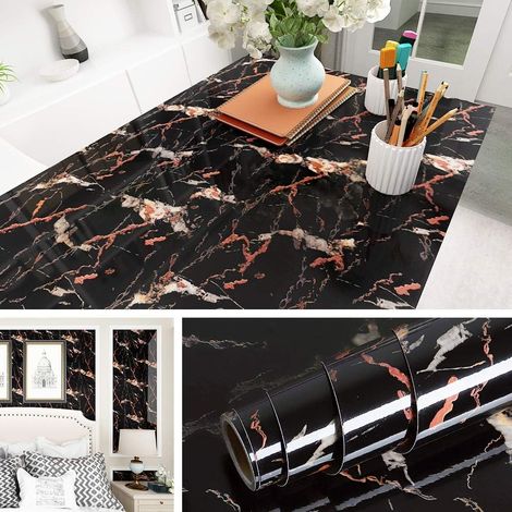 Papier Adhésif pour Meuble Marbre Noir et Or Revêtement Plan de Travail Adhésif Amovible Imperméable Décoratif Papier Peint Marbre Or Noir pour Cuisine Table Armoire Comptoir de 40CM2M (1/5)