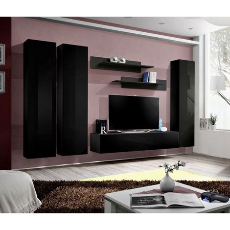 Ensemble meuble TV mural  - Fly I - 310 cm x 190 cm x 40 cm - Noir - Livraison gratuite