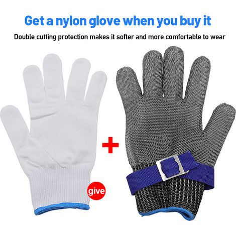 Gant en maille d'acier inoxydable anti-coupure pour découpe de viande et travail à la tronçonneuse, gris argenté, taille L 24,5 cm, protection résistante. (1/5)