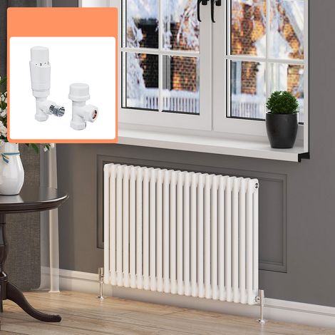 ELEGANT White Traditional Column Radiator Cast Iron Style Radiator 2 column Rads 600 x 988 mm with White Thermostatic Radiator Valves (1/5)