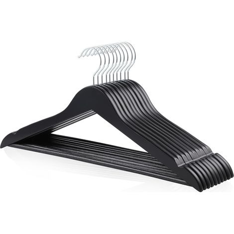 Lot de 10 Cintres en Bois, Finition Noire, Design Profilé, Pour Costumes et Vêtements (1/5)