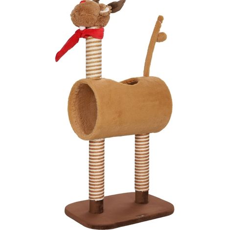 Arbre à chat 98 cm en design cerf avec cachette, tunnel et balle de jeu, revêtement en peluche marron (1/5)