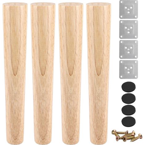 Lot de 4 pieds de meubles en bois massif coniques de rechange - 30 cm - Avec plaques de montage et vis - Pour canapé, lit, armoire, chaise (1/5)