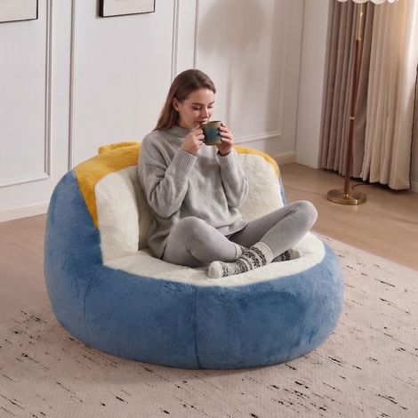 Puff gigante de pelo sintético multicolor, asiento mullido y cómodo, con asa, sin montaje (1/5)