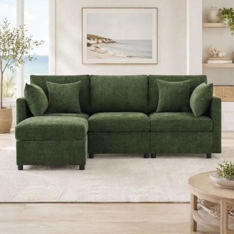 Sofá rinconera modular 216/161/81 cm de chenilla verde con puff móvil y 4 cojines (1/5)