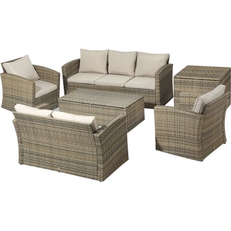 Set da Giardino 6 Pezzi in Rattan con Divani, Poltrone e Tavoli Contenitore, Beige