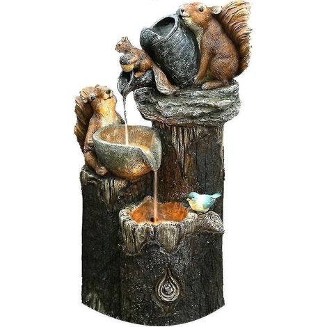 Fontaine à cascade solaire en forme d'écureuil avec lumières LED et pompe, statue de fontaine en résine pour jardin extérieur, terrasse ou patio.