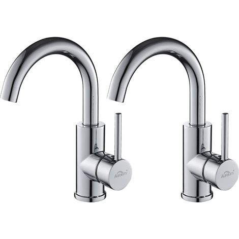 2PCS Auralum Rubinetto Bagno Lavabo in Ottone, Girevole a 360° Miscelatore Monocomando Alto, Regolazione a Caldo e Freddo, Aeratore Rimovibile, Cromato