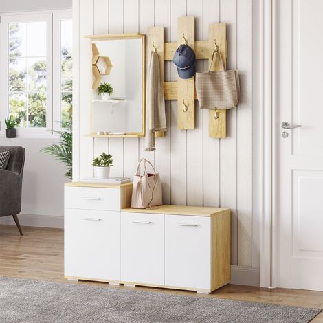 Ensemble pour l'Entrée 3 en 1 avec Porte-Manteau Mural, Miroir et Meuble à Chaussures avec Banc en Bois (1/5)