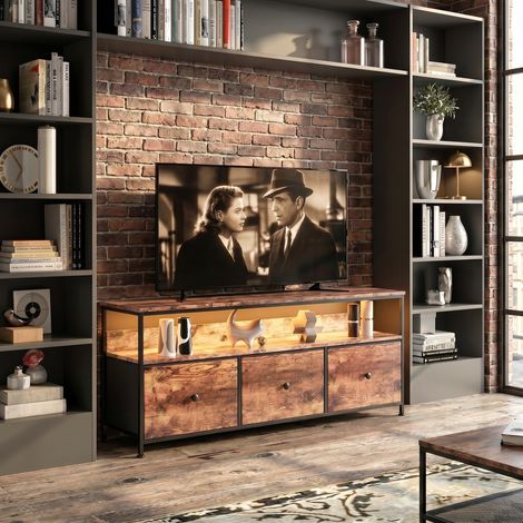 Meuble TV avec LED & 4 Tiroirs en Tissu - Buffet Bas Vintage pour TV jusqu'à 60 Pouces - MDF & Métal - Marron (1/5)
