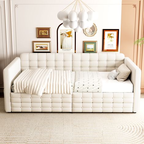 Lit banquette 90x190 cm avec 2 tiroirs,lit simple rembourré en velours beige,poches latérales,sommier à lattes