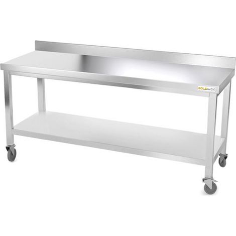 Table de travail en inox 2000 x 600 mm adossée sur roulettes PREMIUM - GOLDINOX (1/4)