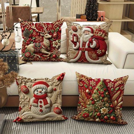 Housse De Coussin De Noël - Coton 45x45 Cm Fermeture Éclair Cachée - Décoration Intérieure Festive Pour Canapé Chambre 4 Pièces (1/5)