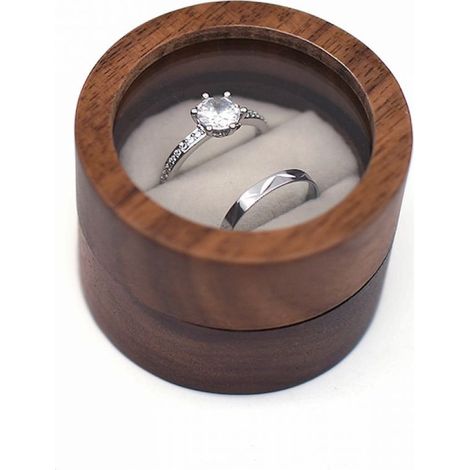 Boîte À Bagues - Bois Apparent Avec Fenêtre Transparente - Pour Anneaux De Fiançailles Et Mariage - 2 Compartiments - Diamètre 10 Cm - 1 Pièce (1/5)
