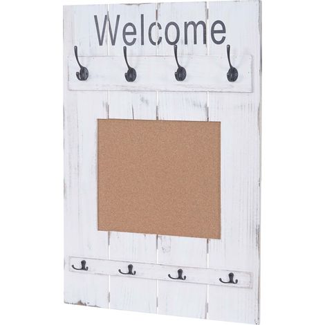 Appendiabiti da muro bacheca stile vintage con 8 ganci 91x60cm in legno bianco invecchiato 040000998