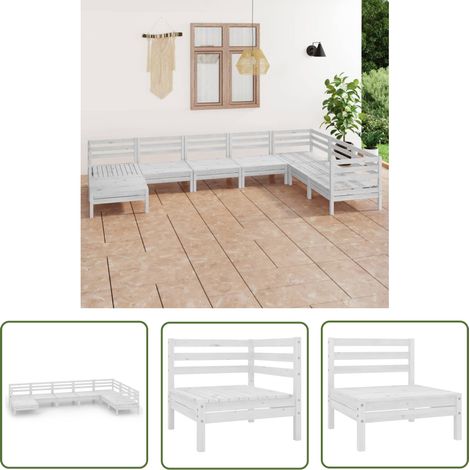 The Living Store Salon de jardin 8 pcs Bois de pin massif Blanc - Salon De Jardin - Ensemble De Salon - Fauteuil De Jardin - Table Basse - Bois De Pin (1/5)