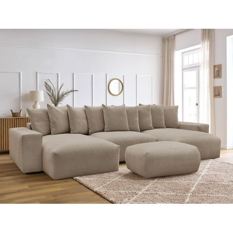 BOBOCHIC - Canapé panoramique convertible coffre VOLTAIRE tissu chiné avec pouf   Taupe (1/5)