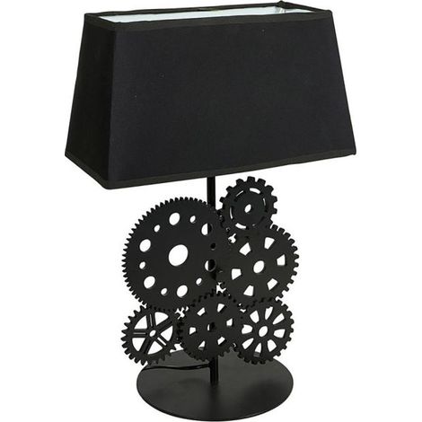 Lampe bois noir tissu rouages (1/5)