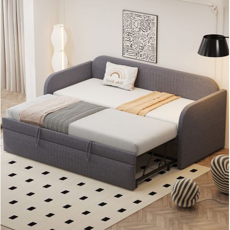 Divano letto imbottito in tessuto effetto lino grigio 90x190 cm estensibile a 180x190 cm con rete a doghe (1/5)