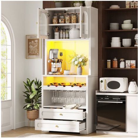 Buffet 70x40x186cm avec Éclairage LED App - Meuble De Rangement - Portes Verre Incurvées, Casier à Vin, Port USB, Tiroirs, Blanc (1/5)